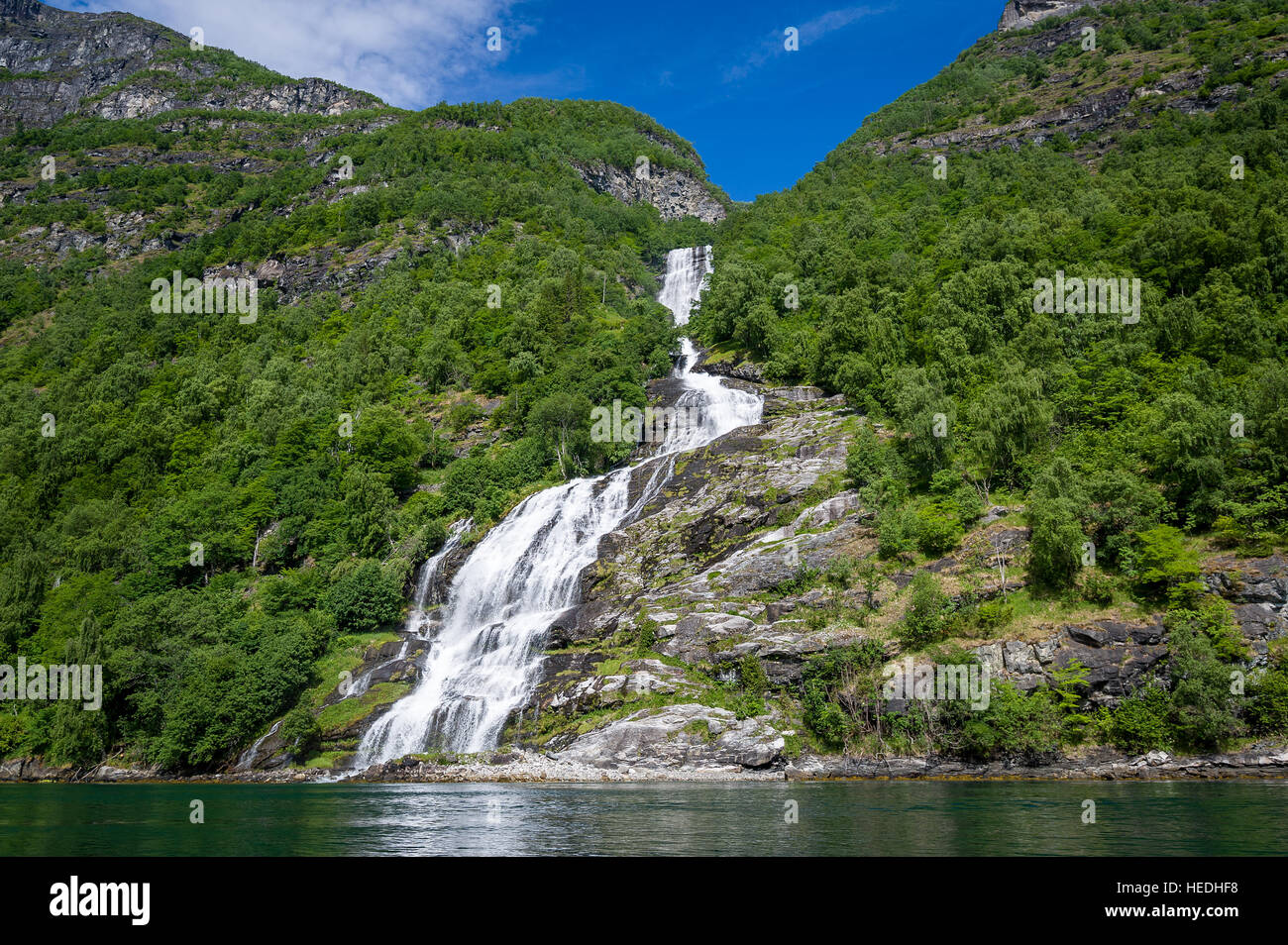 Geiranger fjord waterfalls, Norway. Stock Photo