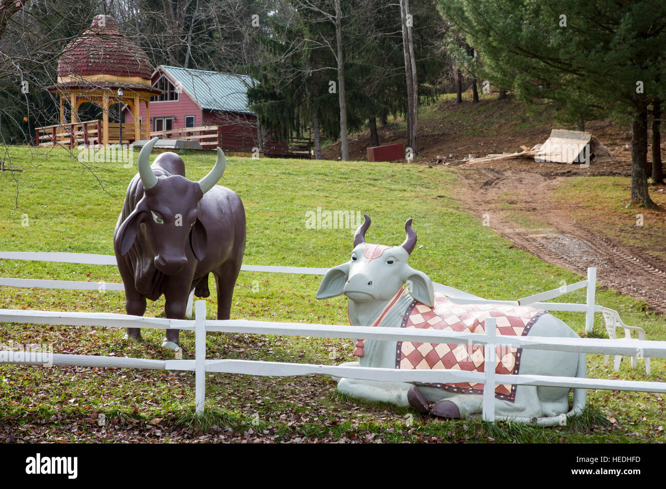 New Vrindaban, West Virginia - Statues of sacred cows at New Vrindaban, a spiritual center for the Hare Krishna movement. Stock Photo