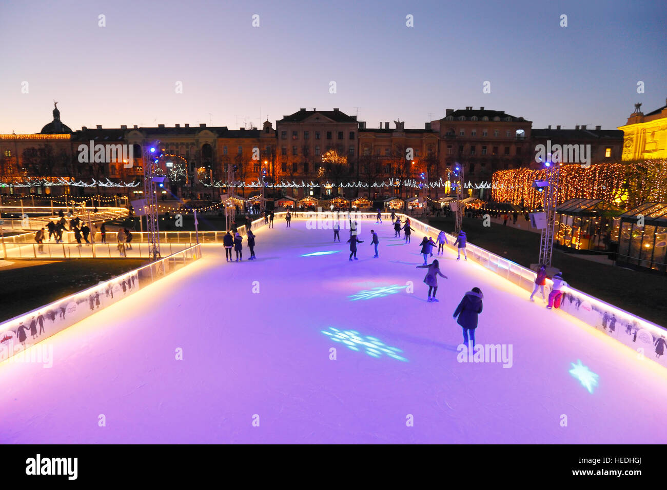 Skating ring in Zagreb city in front of Art Pavilion at Christmas time Stock Photo