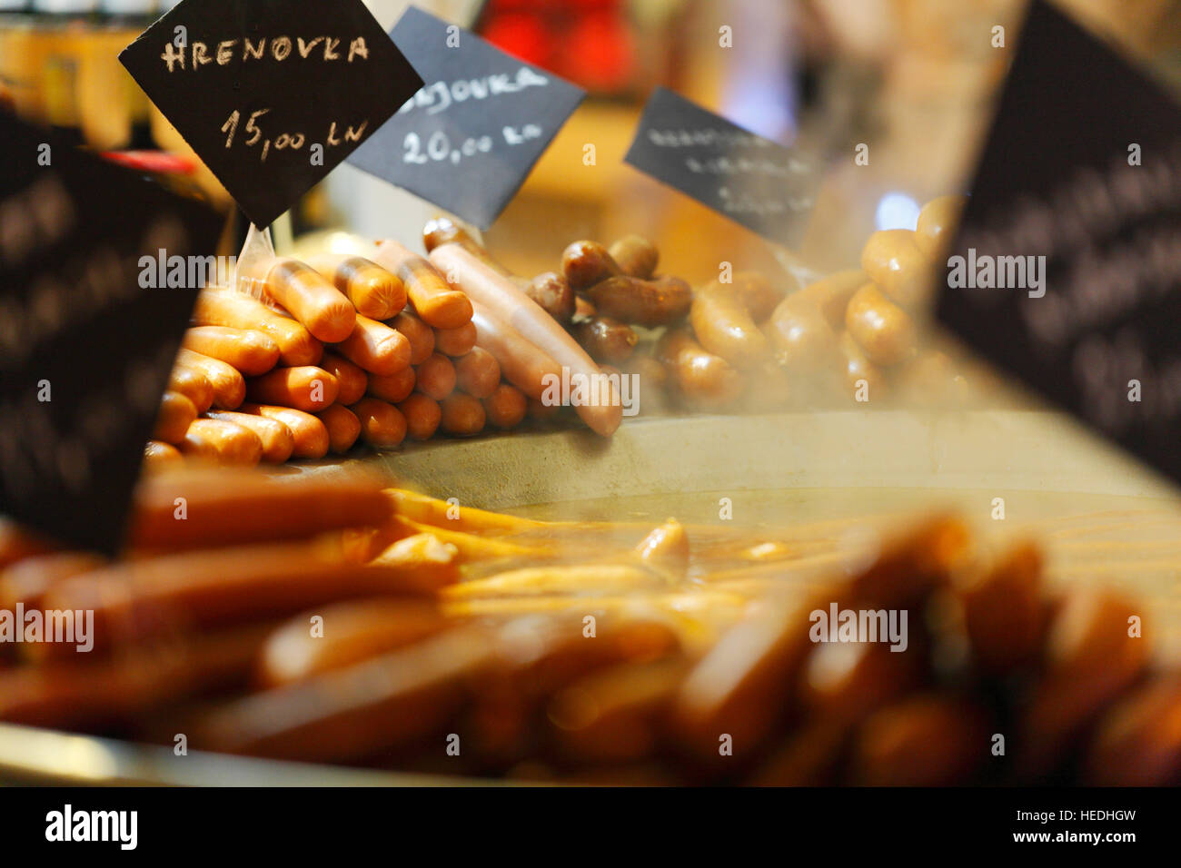 Sausages on Christmas market in Zagreb city, Europe Stock Photo