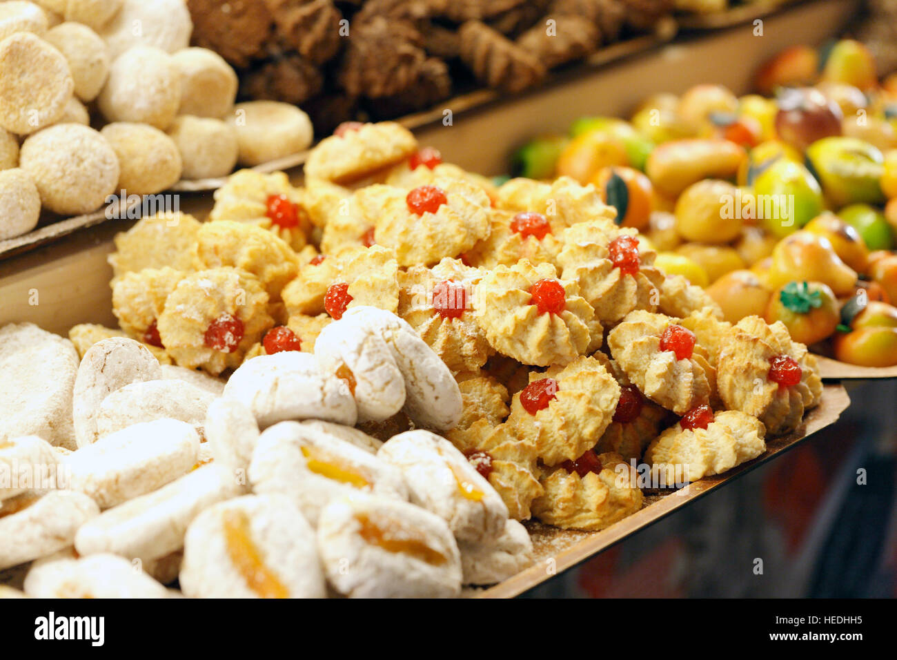 Various type of cakes close up on Christmas market Stock Photo
