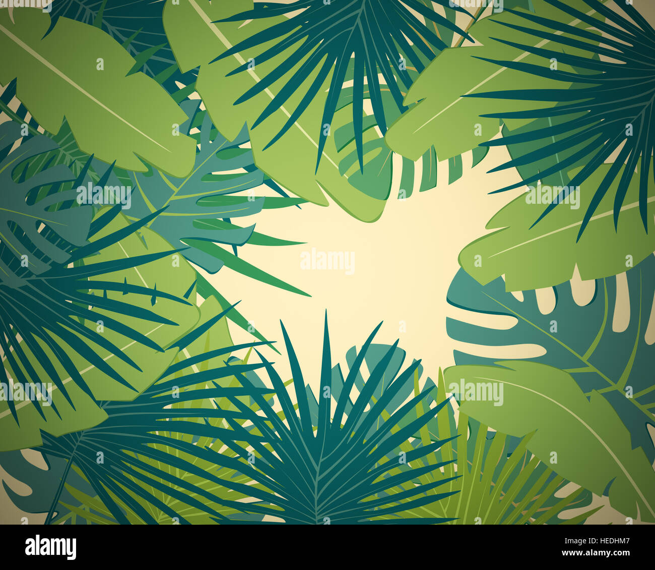 Abstract digital background with colorful palm leaves greenery on yellow backdrop witn vignetting Stock Photo