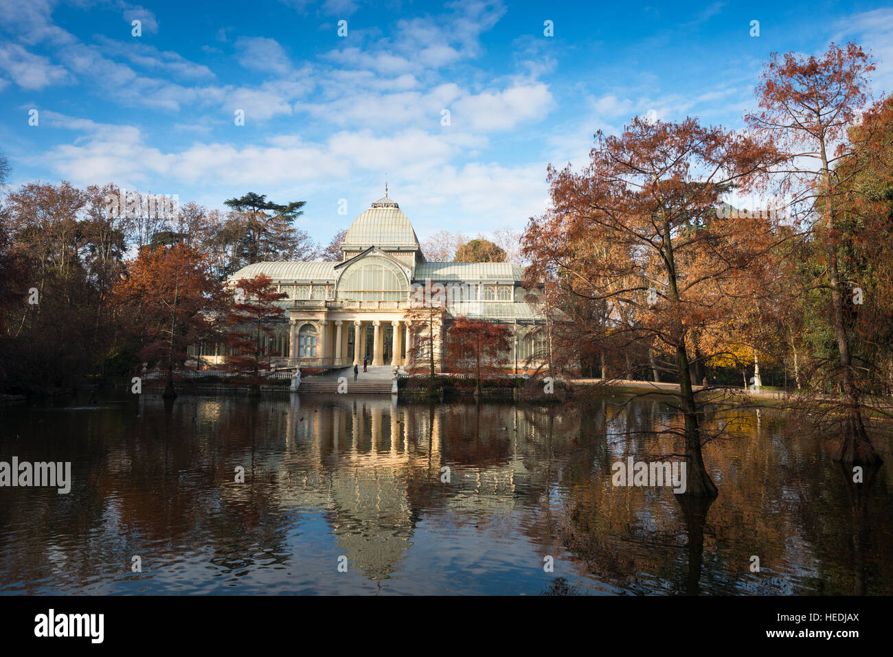 Scenic view of the Crystal palace and lake in Retiro park in early morning. Madrid. Spain. Stock Photo