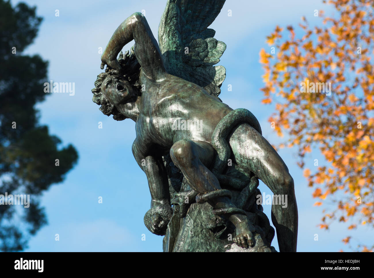 Madrid, Spain. Parque del Retiro (park). Statue: Monumento al Angel Caido / the Fallen Angel. (1878; Ricardo Bellver) Stock Photo