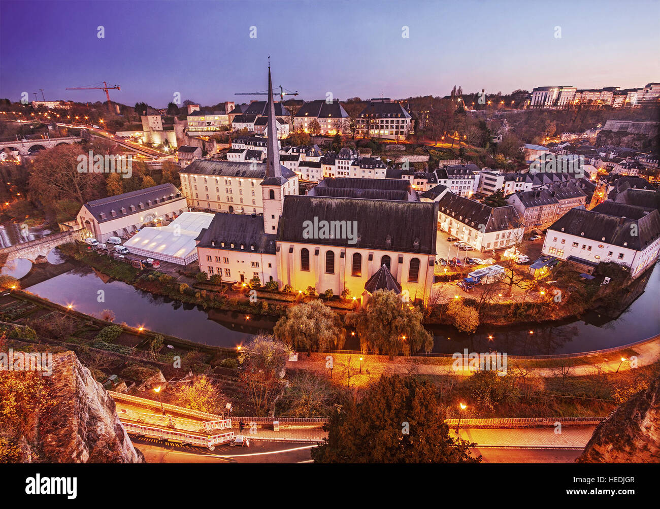 Luxembourg city: aerial view of Saint Jean Baptiste church and Old Town at dusk Stock Photo