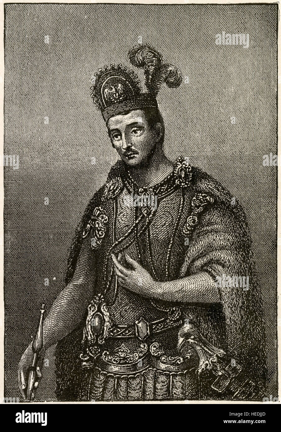 Antique 1873 engraving, King Montezuma II. Moctezuma II (1466-1520) was the ninth ruler of Tenochtitlan, reigning from 1502 to 1520. The first contact between indigenous civilizations of Mesoamerica and Europeans took place during his reign, and he was killed during the initial stages of the Spanish conquest of Mexico. SOURCE: ORIGINAL ENGRAVING. Stock Photo