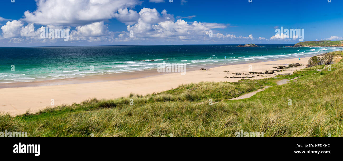 The beautiful golden sandy beach at Gwithian with Godrevy in the distance Cornwall England UK Europe Stock Photo