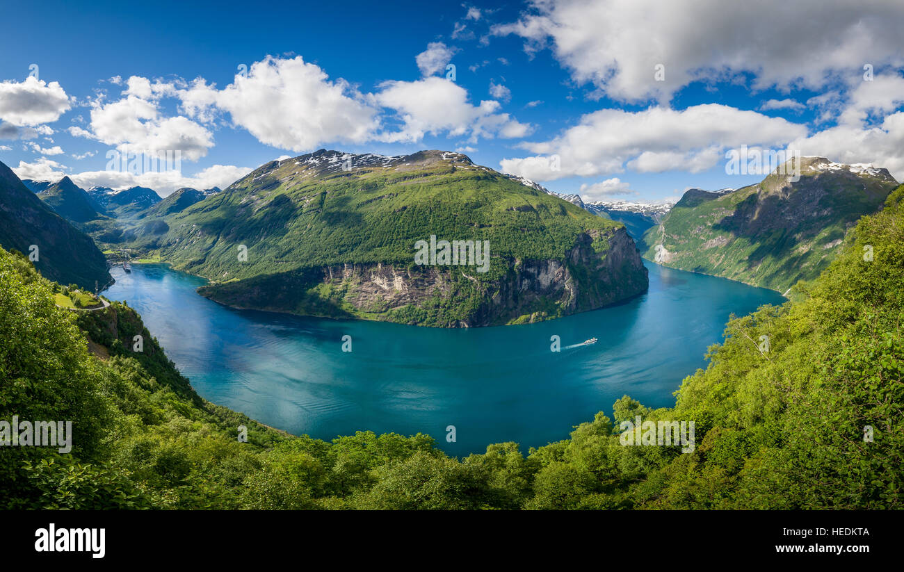 Aerial panorama of Geiranger fjord Stock Photo