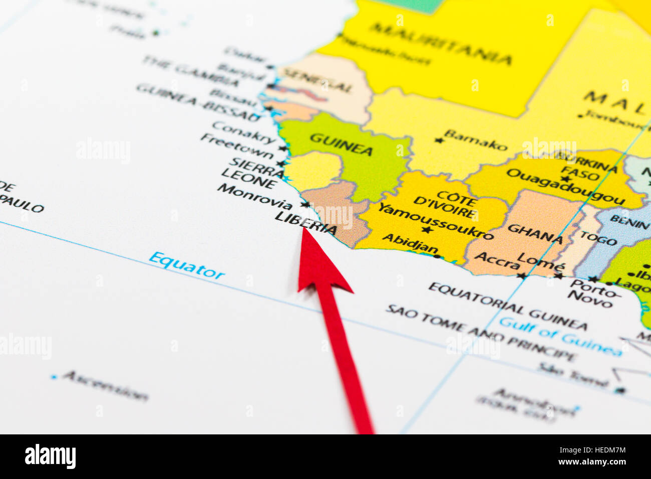 Red arrow pointing Liberia on the map of Africa continent Stock Photo