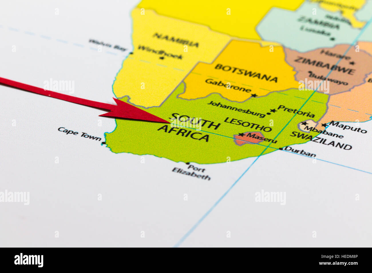 Red arrow pointing South Africa on the map of Africa continent Stock Photo