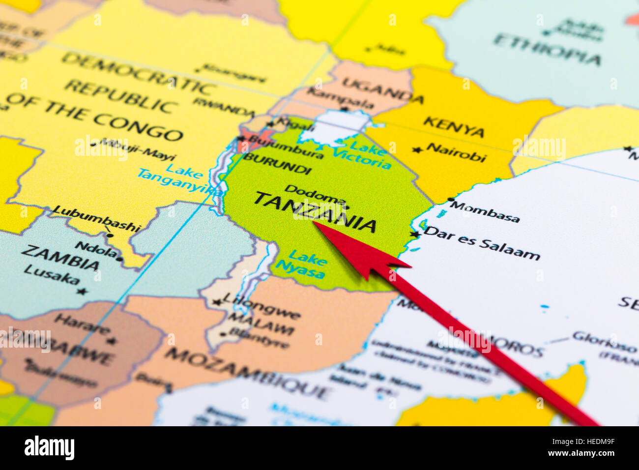 Red arrow pointing Tanzania on the map of Africa continent Stock Photo