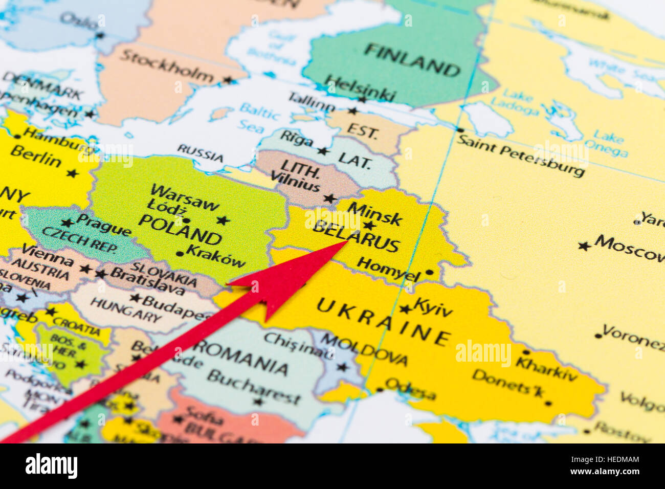 Red arrow pointing Belarus on the map of Europe continent Stock Photo