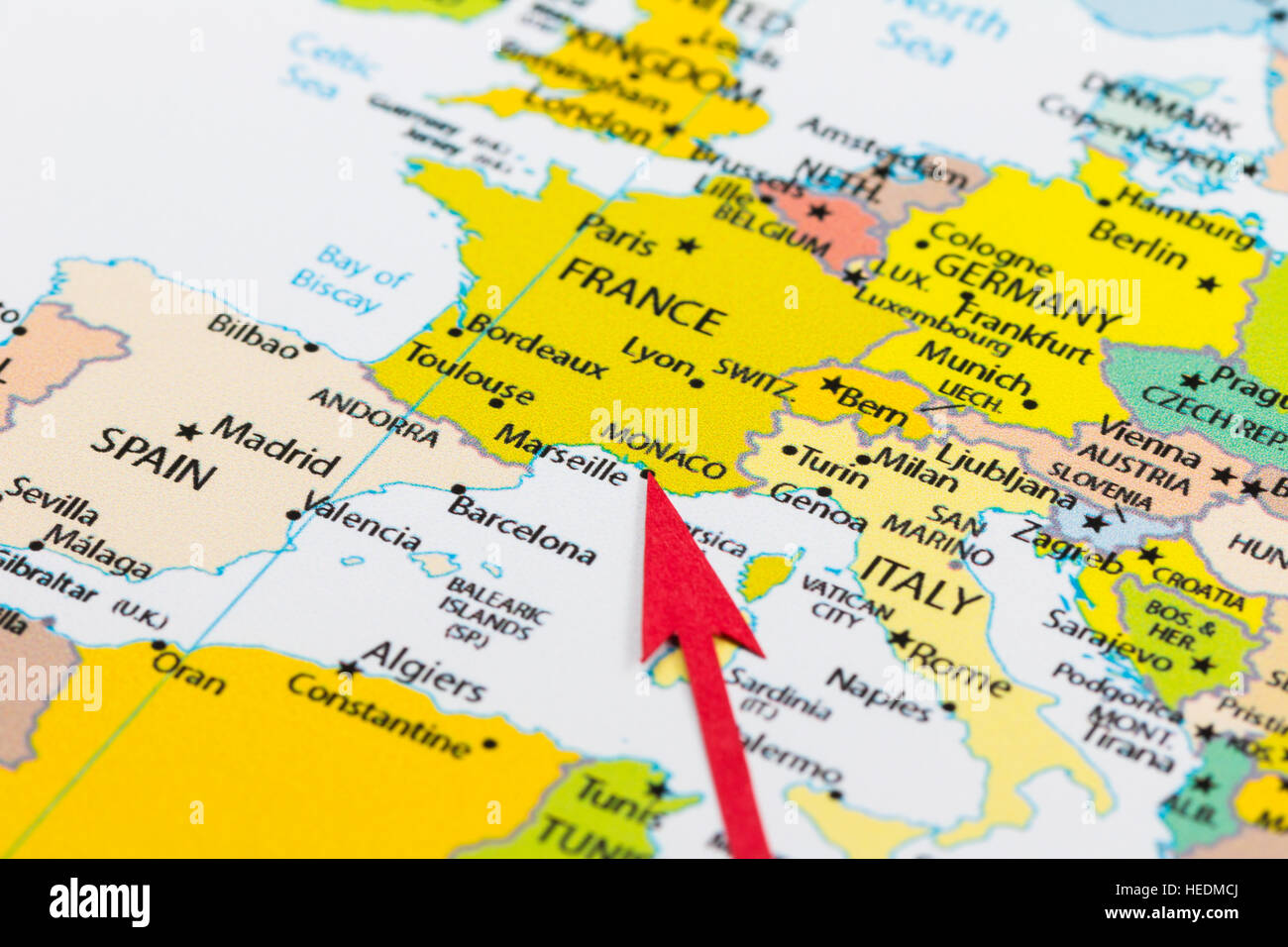 Red Arrow Pointing Monaco On The Map Of Europe Continent Stock