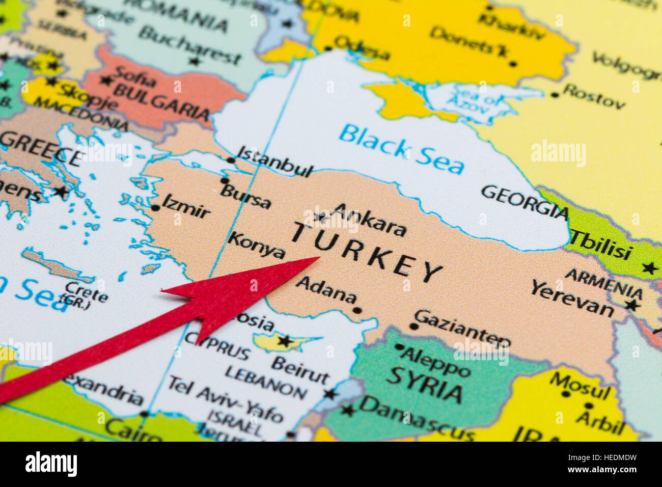 Red arrow pointing Turkey on the map of Europe continent Stock Photo