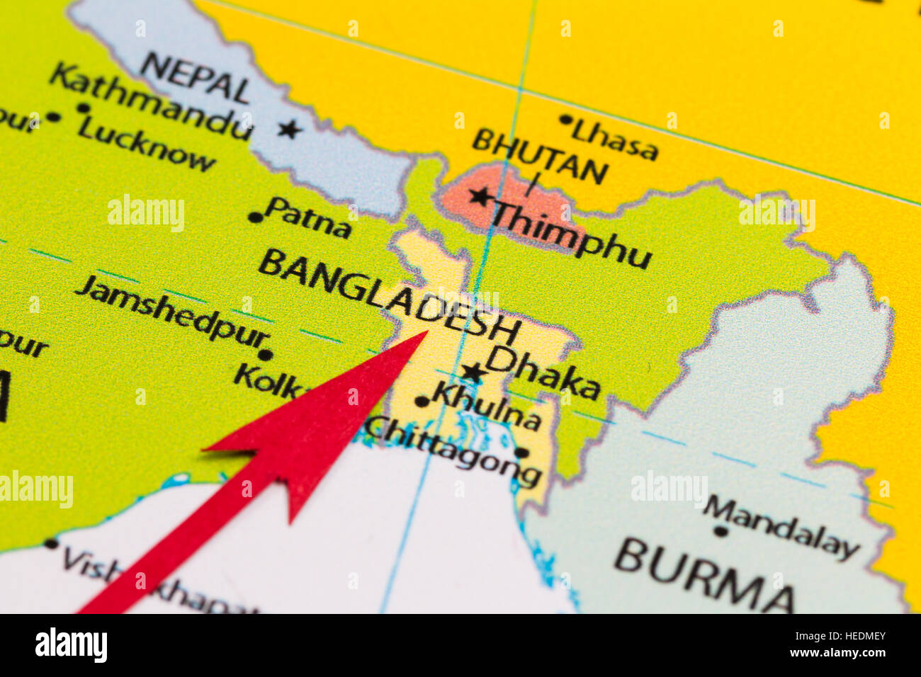 Red Arrow Pointing Bangladesh On The Map Of Asia Continent Stock Photo Red Arrow Pointing Bangladesh On The Map Of Asia Continent Stock Photo