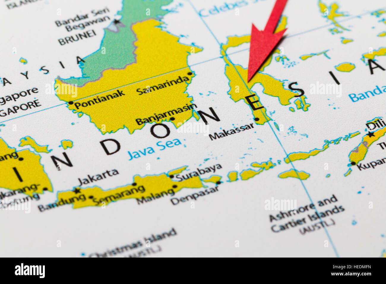 Red arrow pointing Indonesia on the map of Asia continent Stock Photo