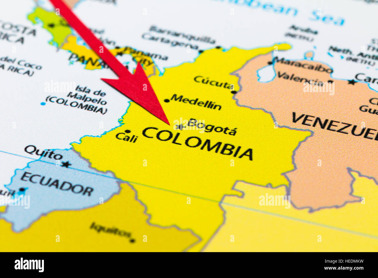 Red arrow pointing Colombia on the map of south America continent Stock Photo