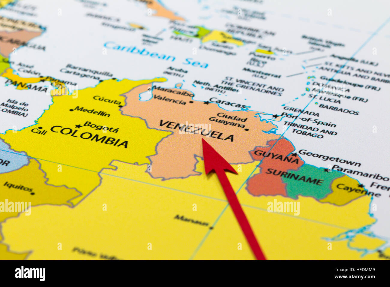 Red arrow pointing Venezuela on the map of south America continent Stock Photo
