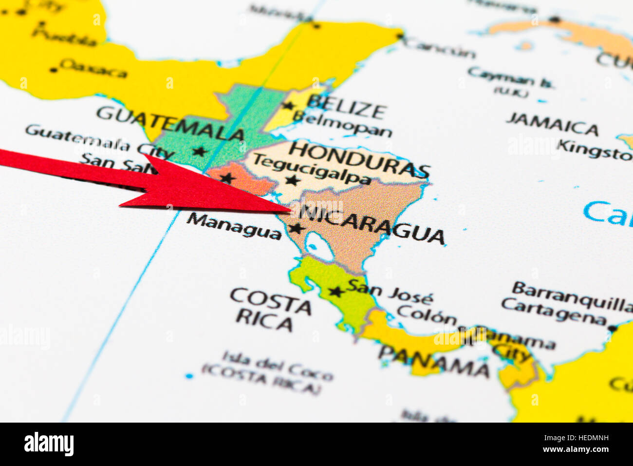 Red arrow pointing Nicaragua on the map of south (central) America continent Stock Photo