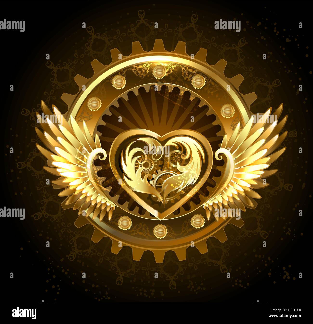 mechanical heart with gears of gold and brass, decorated with metal wings on a black background. Stock Vector