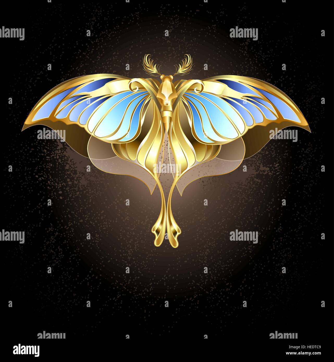 moth of gold and bronze with glass, blue wings on a dark background. Stock Vector