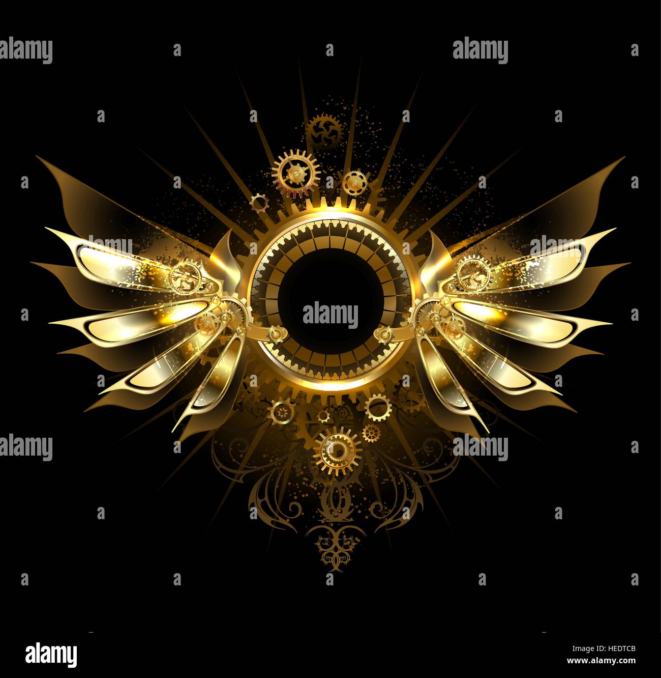 shiny mechanical wings, with gears and brass round banner. Stock Vector