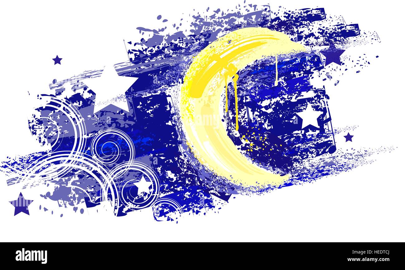moon and night sky with stars painted saturated yellow and blue paint. Stock Vector