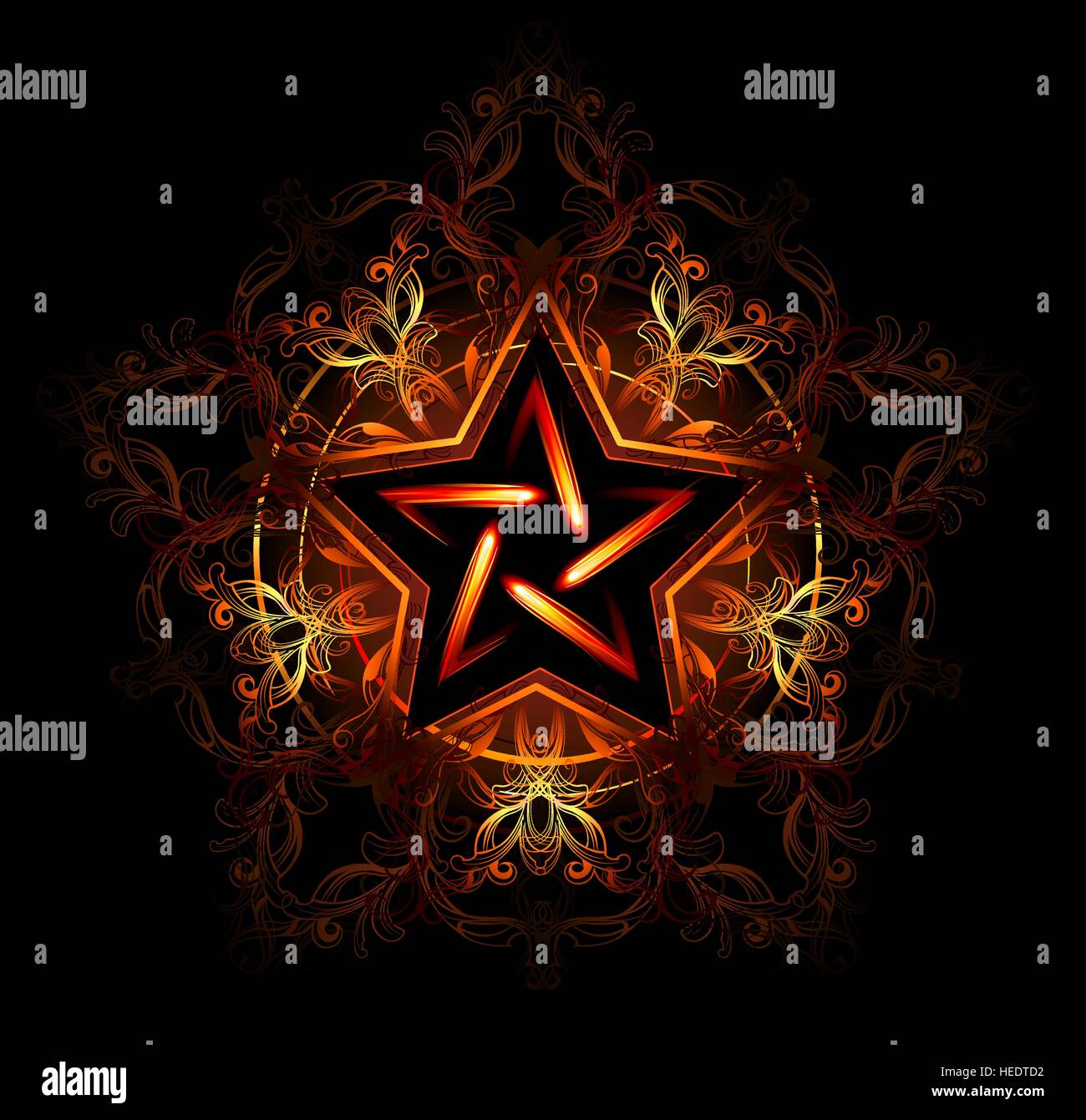 Wiccan fiery star, decorated with red pattern on a black background Stock Vector