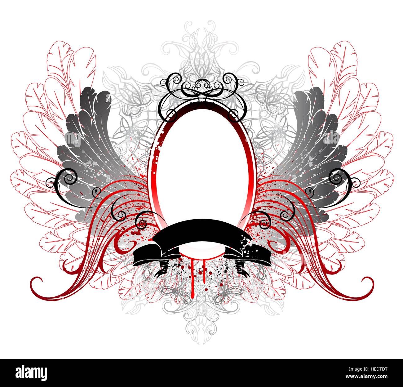 Gothic oval banner with gray wings and a black ribbon on white background. Stock Vector