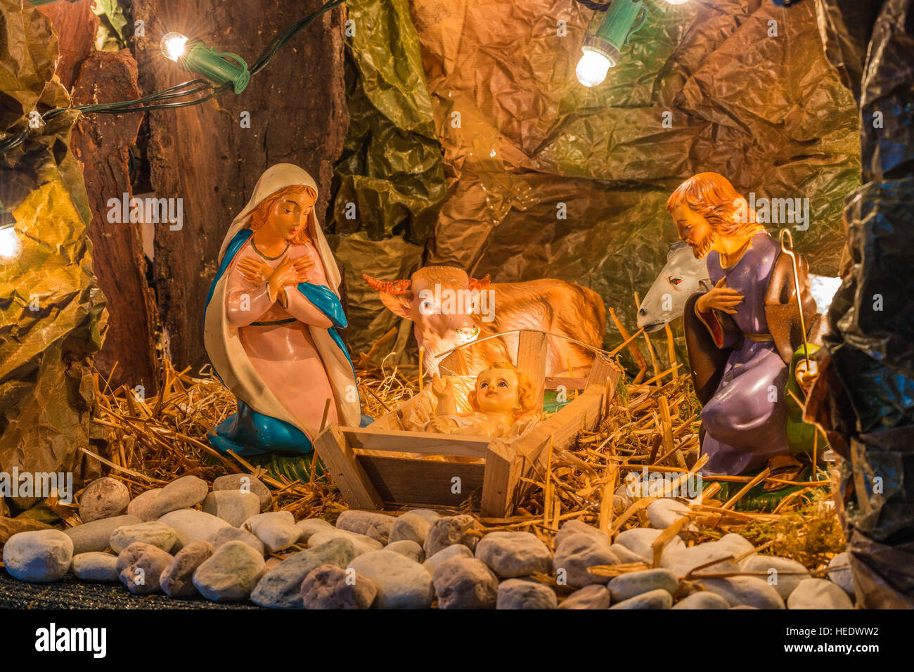 Christmas nativity scene of Holy Baby Jesus in the manger with Blessed ...