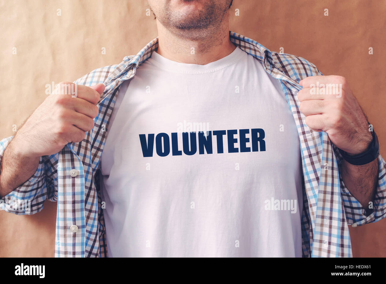 Man is volunteer, confident friendly person offering help Stock Photo