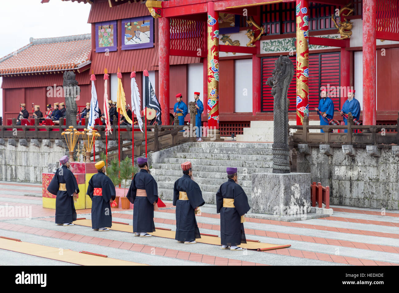 Okinawa, Japan - January 02, 2015: Dressed-up people at the traditional New Year celebration at Shuri-jo castle Stock Photo