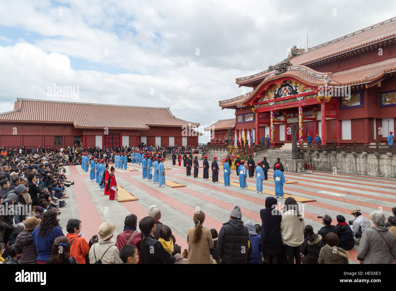 Okinawa, Japan - January 02, 2015: Dressed-up people at the traditional New Year celebration at Shuri-jo castle Stock Photo