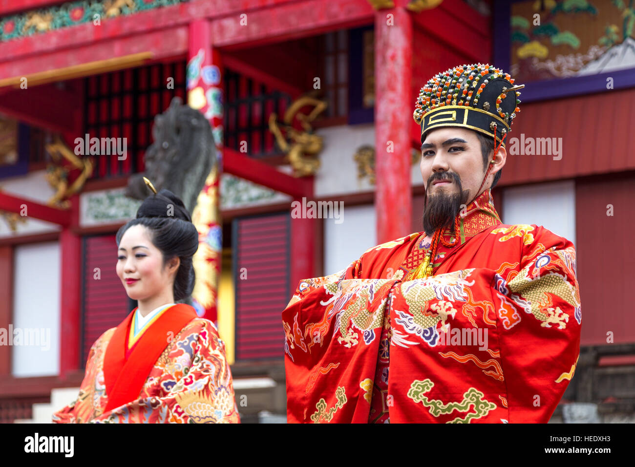 Okinawa, Japan - January 02, 2015: Dressed-up people performing a show at the traditional New Year celebration at Shuri-jo castle Stock Photo
