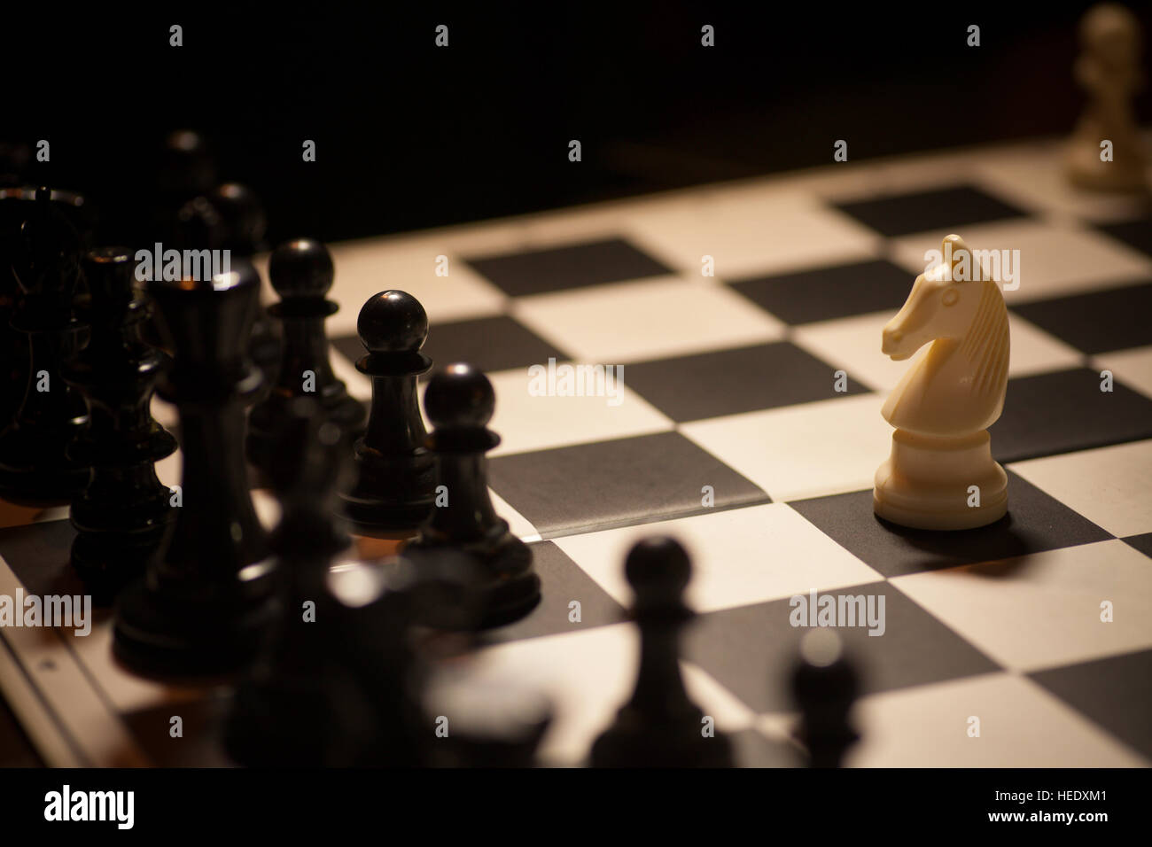 Shot of a chess board white horse moving. Stock Photo