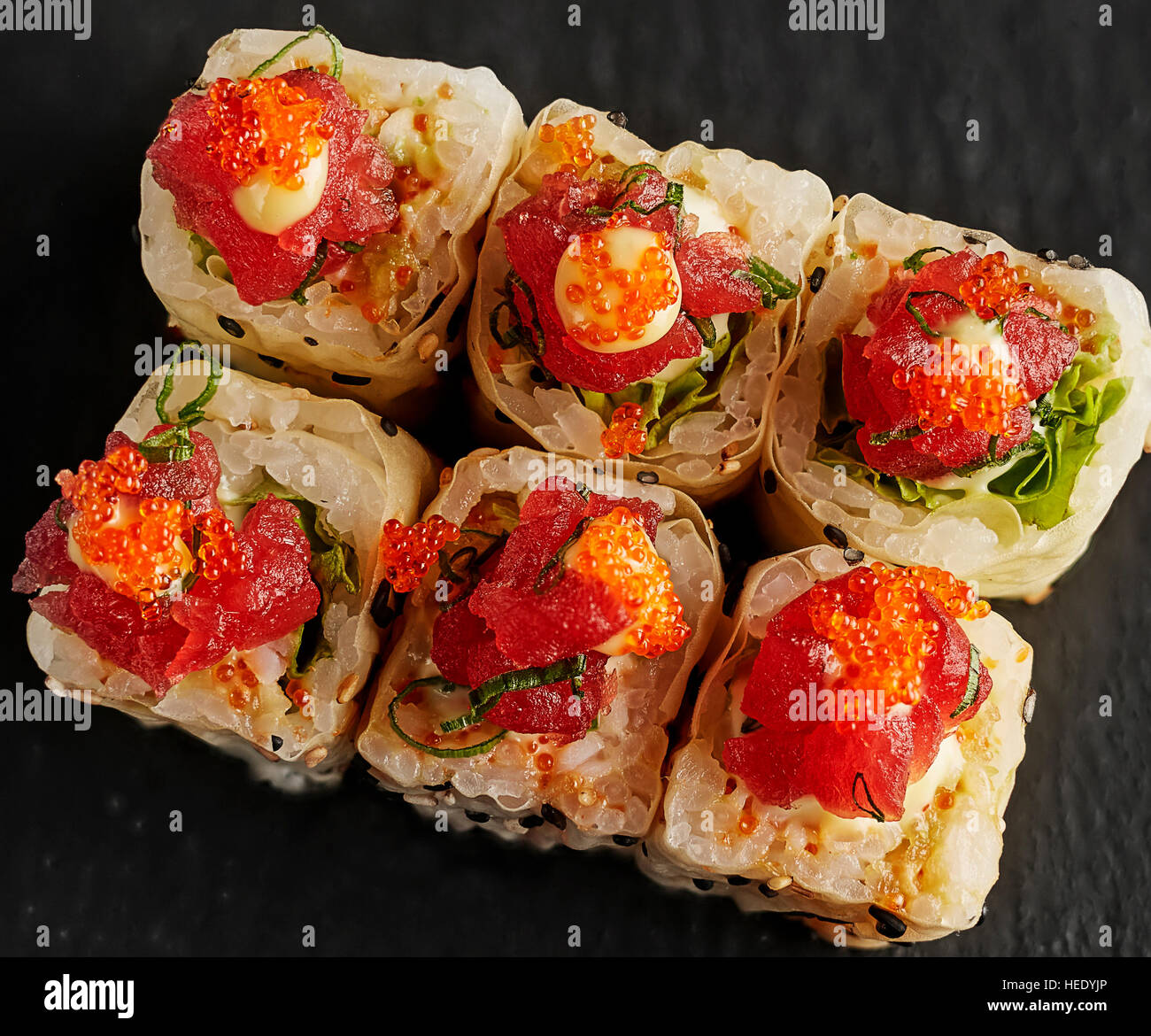 Japanese sushi selection bento box sashimi tempura chop sticks Stock Photo