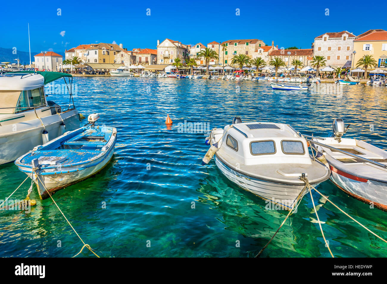 Supetar is popular summer travel destination in Croatia, main sea port and town at Brac Island, Europe. Stock Photo