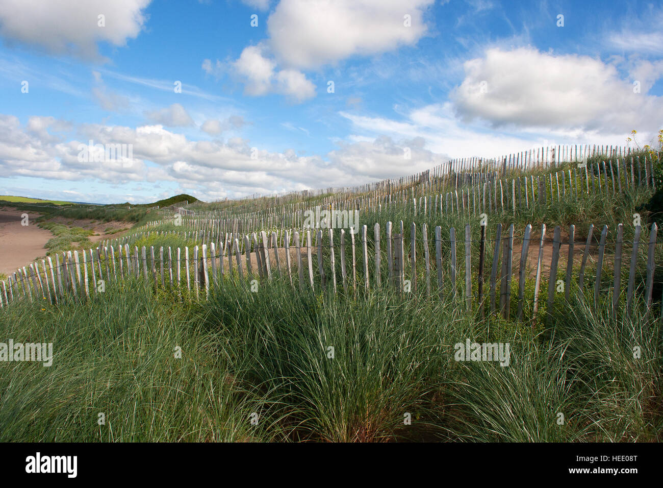 Wired picket fence used as sand dune conservation measure to preserve the natural form and protect natural wildlife habitatreland Stock Photo