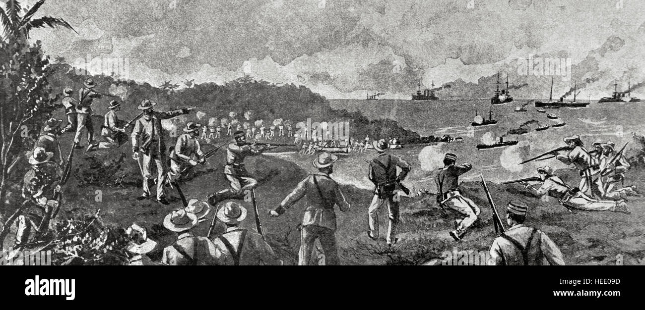Spanish-American War, between Spain and the USA in 1898, due to the US intervention in the Cuban War of Independence. Cuba. The Spanish troops repel a Yankee disembark near the Caimanera, in Guantanamo Province. Engraving. ' La Ilustración Iberíca', 1898.' Stock Photo