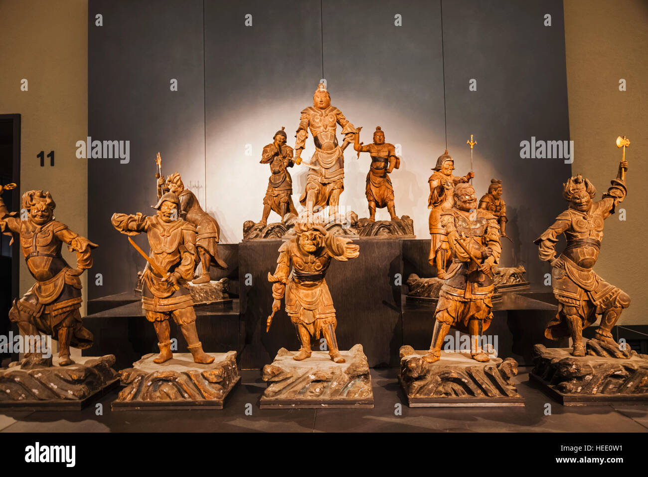 Japan, Honshu, Tokyo, Ueno Park, Tokyo National Museum, Honkan Hall, Display of Standing Juni Shinsho (Twelve Heavenly Generals) from Sogenji Temple Stock Photo