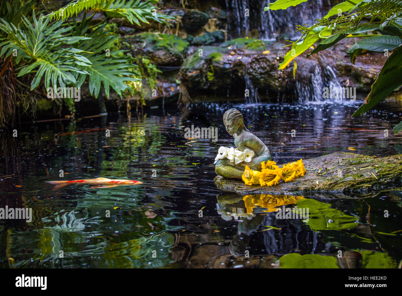 Statue in Koi pond in Marie Selby Botanical Gardens in Sarasota Florida Stock Photo
