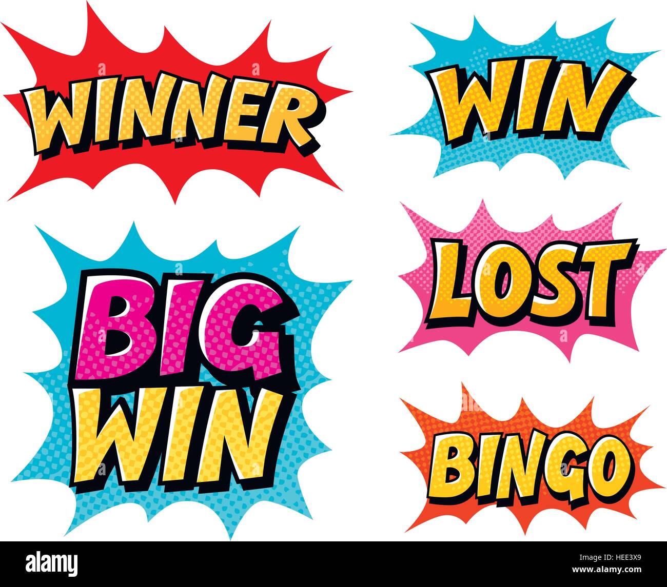 Casino or game icons. Lettering such as win, winner, lost, bingo. Comic text vector illustration Stock Vector