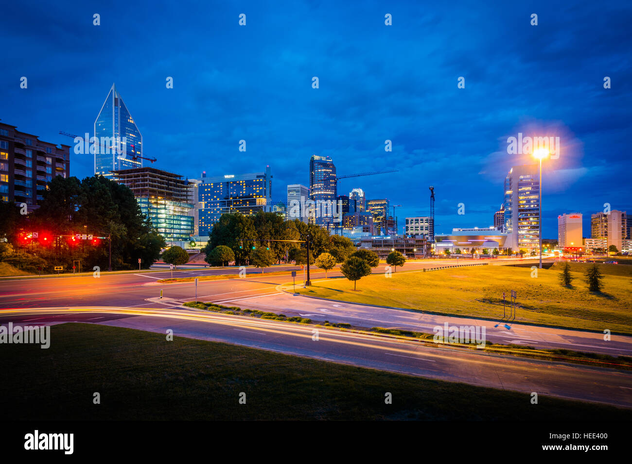 View of South Boulevard and the Charlotte skyline at night, in Uptown Charlotte, North Carolina