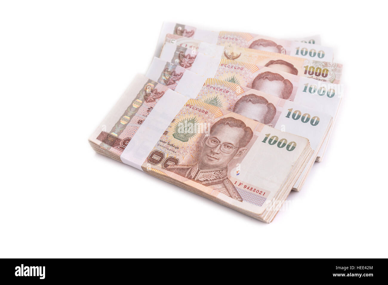 Close up stack of Thai money isolated on white background Stock Photo