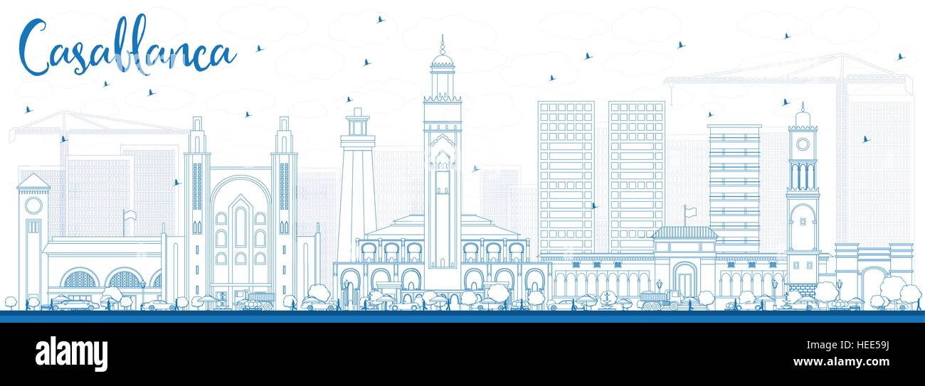 Outline Casablanca Skyline with Blue Buildings. Vector Illustration. Business Travel and Tourism Concept with Historic Architecture. Stock Vector