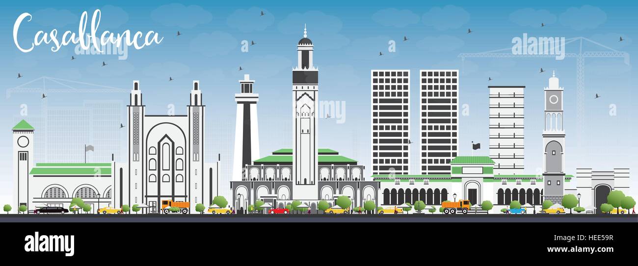 Casablanca Skyline with Gray Buildings and Blue Sky. Vector Illustration. Business Travel and Tourism Concept with Historic Architecture. Stock Vector
