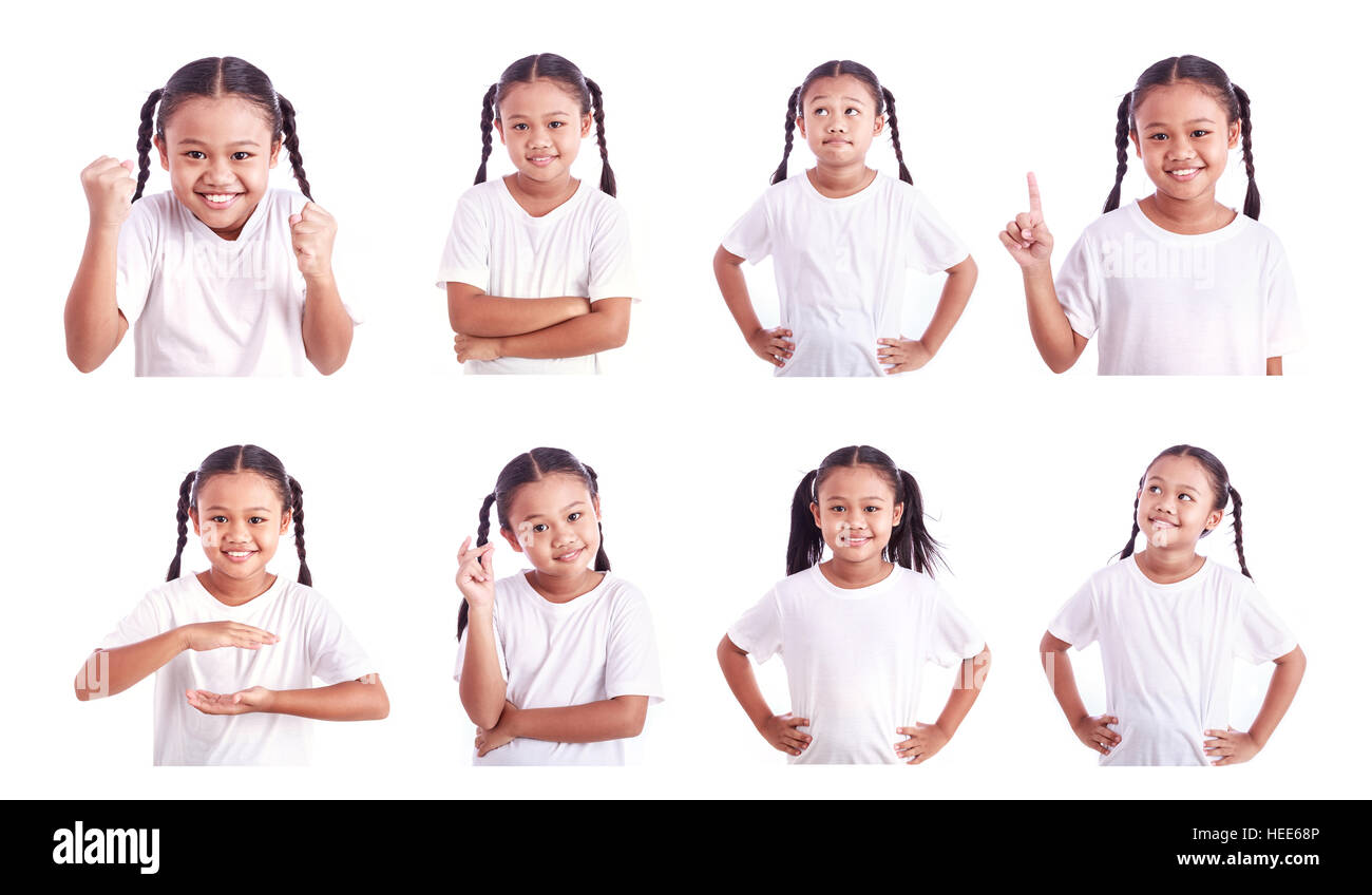 Set portrait of young Asian girl wearing white t-shirt isolated on white background Stock Photo