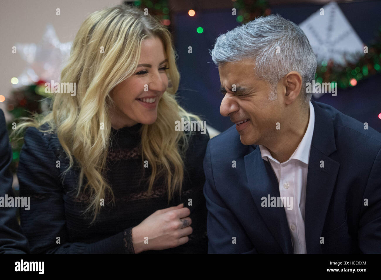Mayor of London Sadiq Khan and singer Ellie Goulding meet users of the Marylebone Centre in London, which provides accommodation, training and skills support for homeless women. Stock Photo
