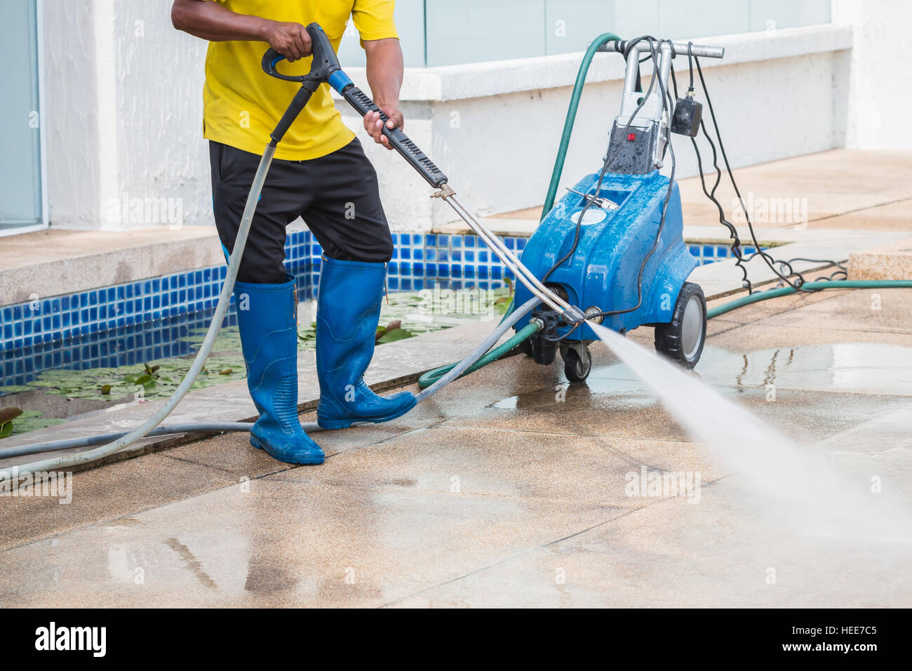 Outdoor floor cleaning with high pressure water jet Stock Photo