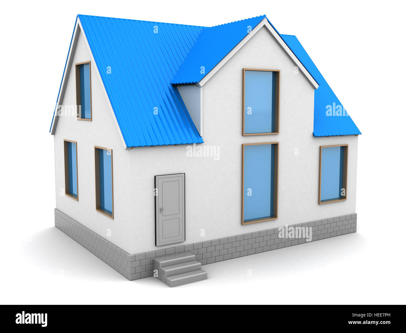 3d illustration of house with blue roof, over white background Stock ...